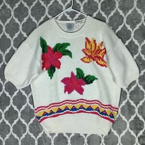 Vintage Cape Isle Knitters Sweater Womens Large Short Sleeve Floral 80s Knit